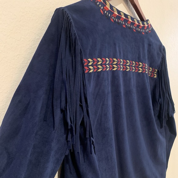 Bojo Western Style Aztec Embroidered Fringe Jacket-Suede Look Navy Blue- Size M - Picture 12 of 16